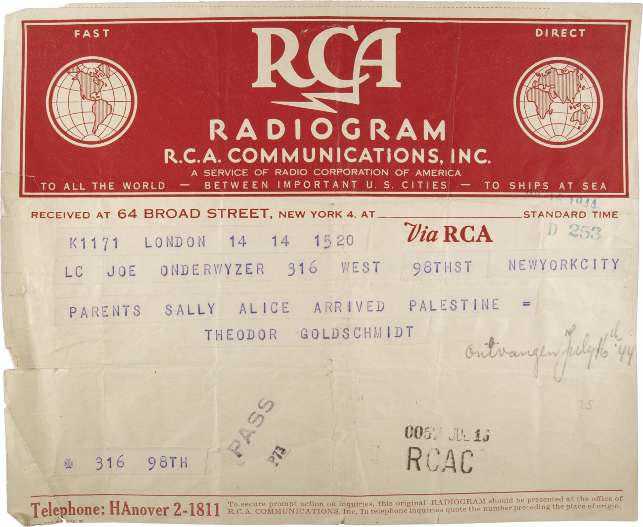 Austauschaktion 1944, Radiogramm (London - New York)